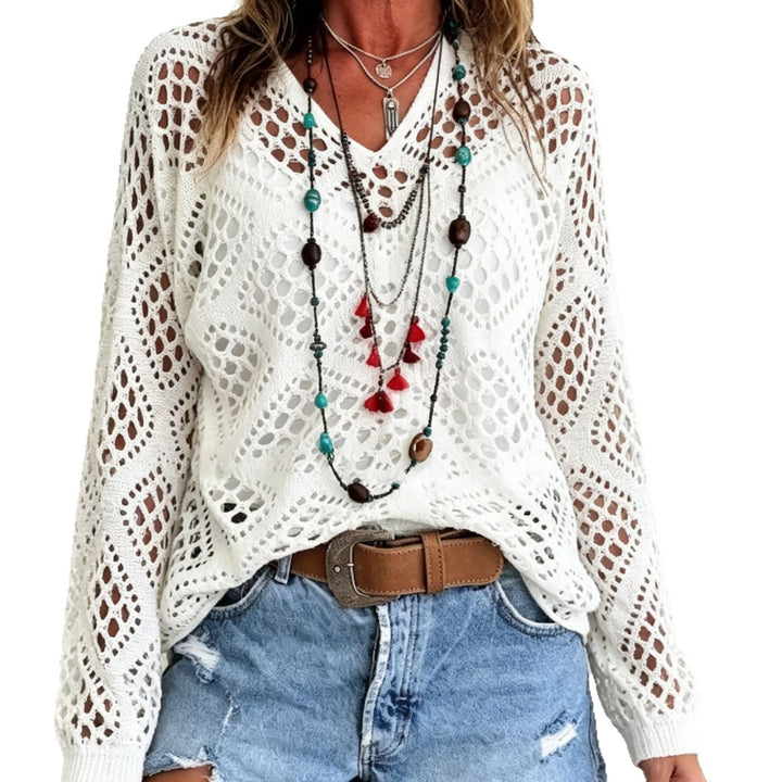 Damen Grobstrick-Häkelpullover mit offenen Maschen und V‑Ausschnitt – Mavelle