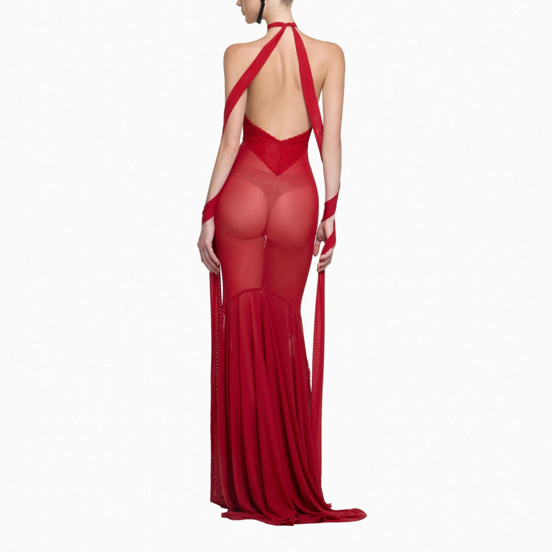 Damen Glamouröses Langarmkleid mit transparenten Einsätzen und raffinierten Drapierungen Echo Archiv