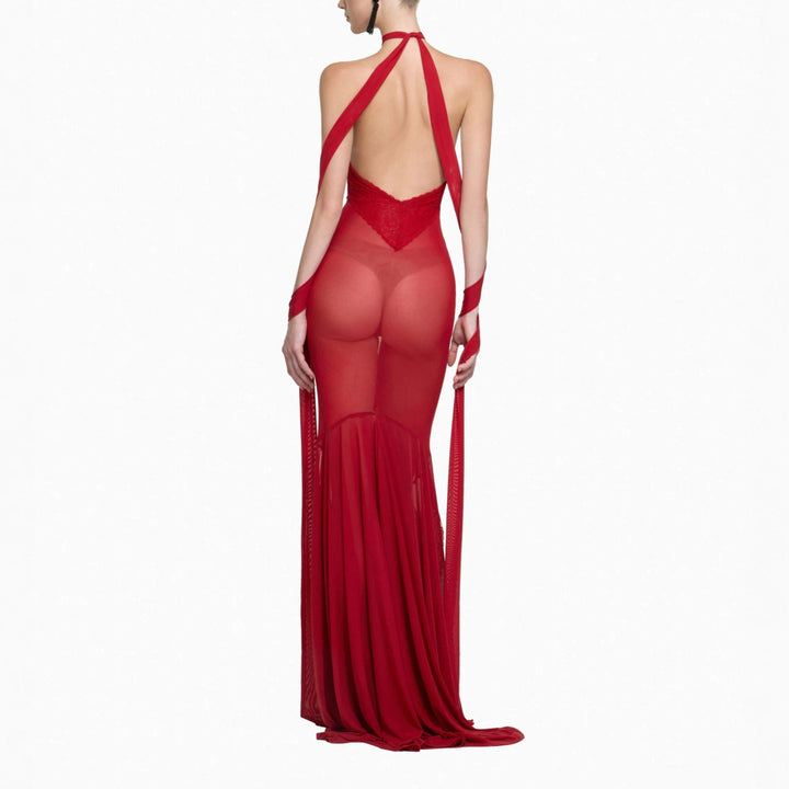 Damen Glamouröses Langarmkleid mit transparenten Einsätzen und raffinierten Drapierungen Echo Archiv