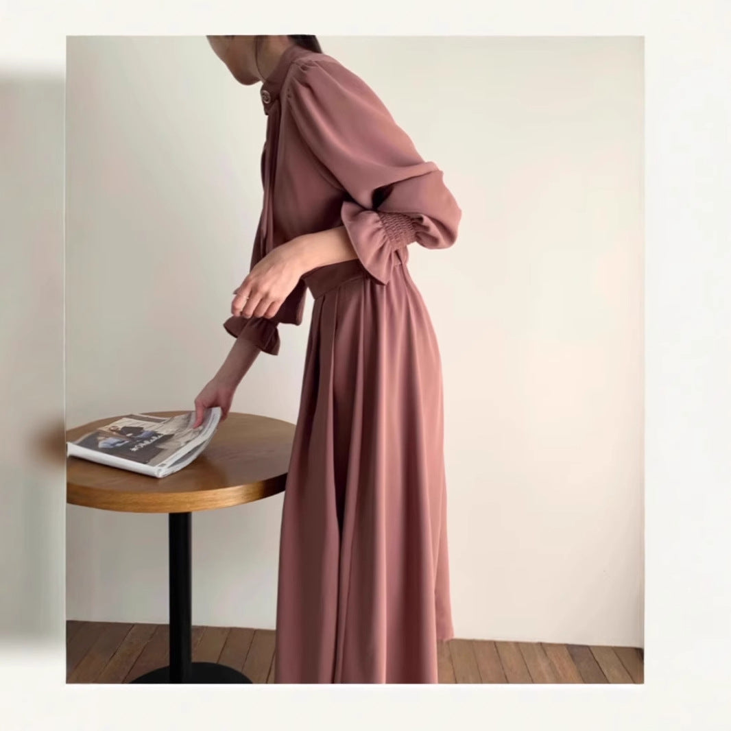 Damen Midikleid mit Stehkragen, Schleifenblende und geraffter Taille Echoarchiv