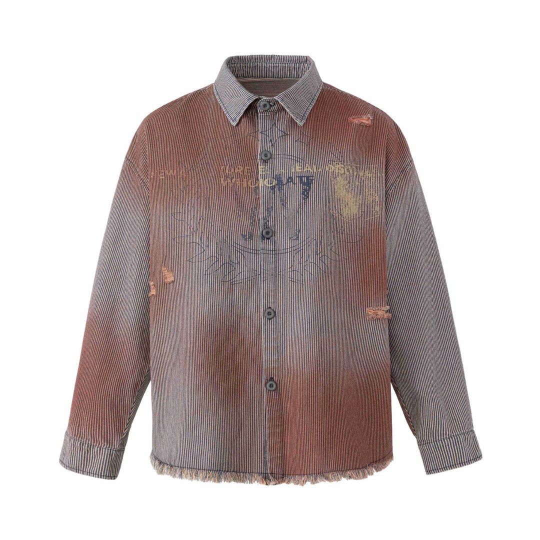 Damen Overshirt-Jacke aus gestreiftem Denim mit Fransen und Used-Details Echoarchiv