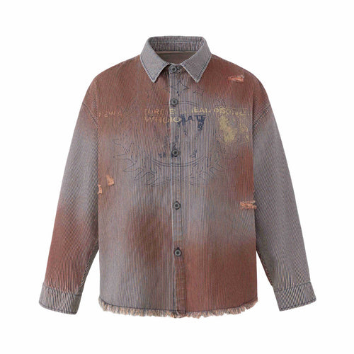 Damen Overshirt-Jacke aus gestreiftem Denim mit Fransen und Used-Details Echoarchiv