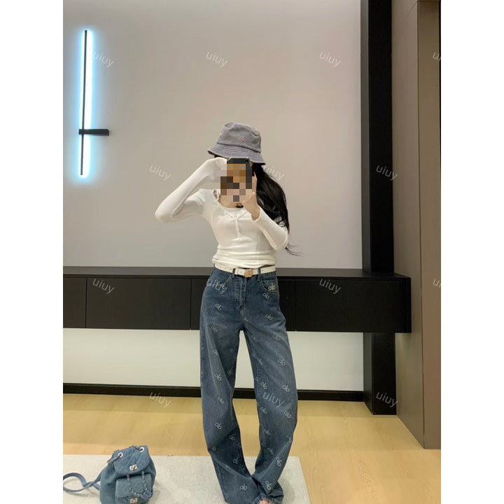 Damen Modische Baggy Jeans mit hohem Bund Echo Archiv