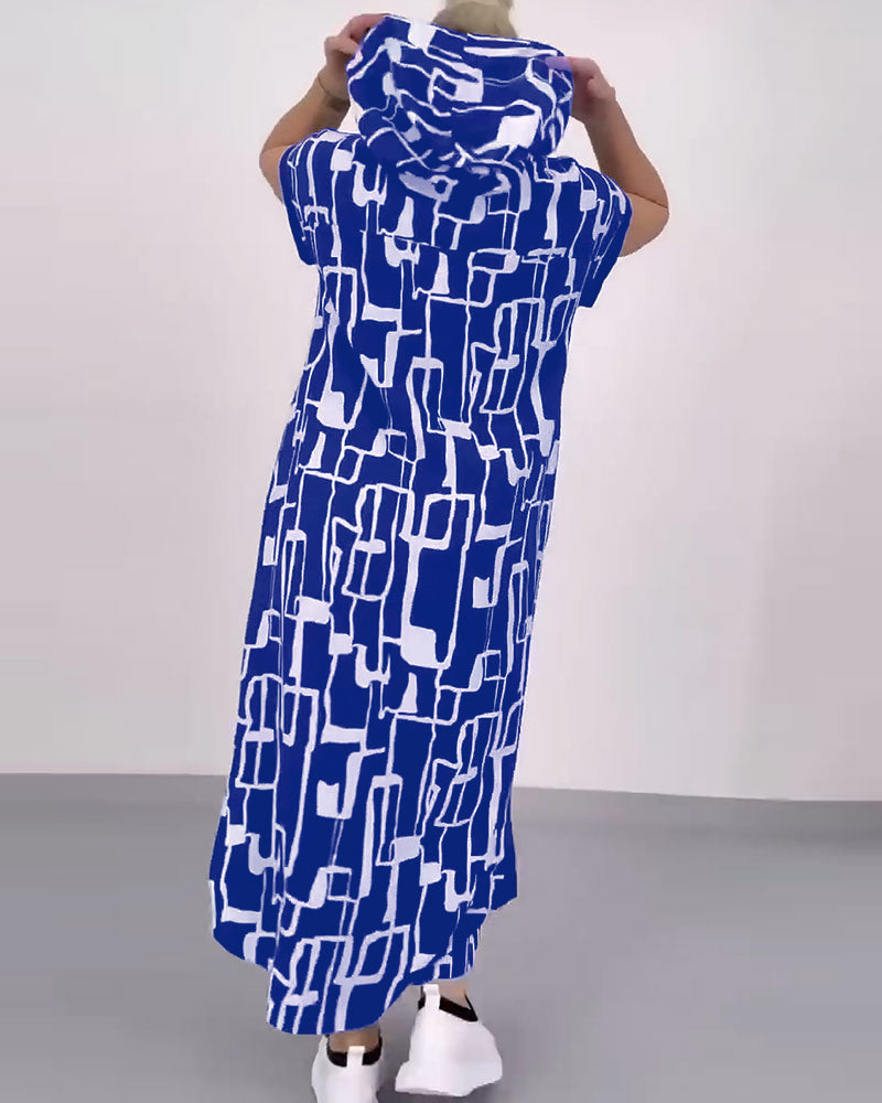 Damen nan urbanes Kapuzen‑Kaftankleid in lockerem Fall mit kurzärmeligem Schnitt und abstraktem Grafikmuster Echo Archiv