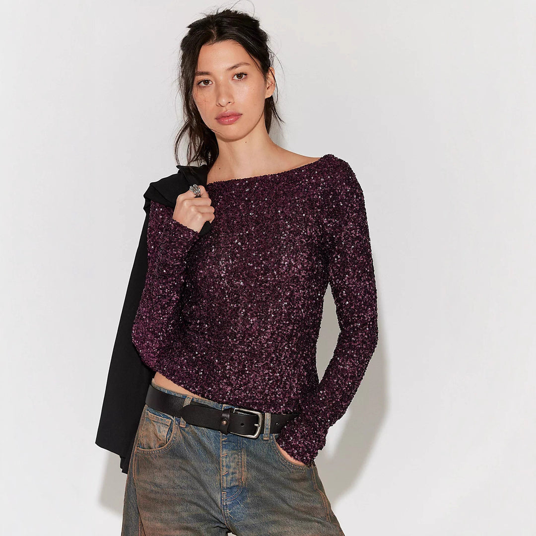 Damen Glitzerndes langärmeliges Feinstrick-Top mit Rundhalsausschnitt – Avérine