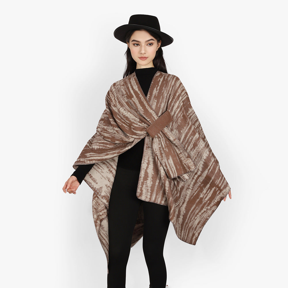 Damen Jacquard-Cape-Überwurf mit strukturierter Wellenoptik, Bindegürtel und asymmetrischem Zipfelsaum – Montévia