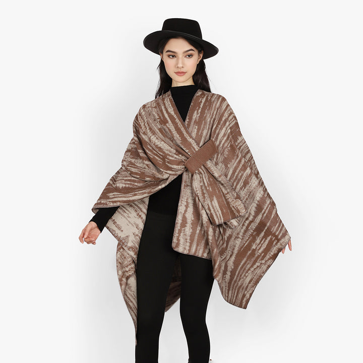 Damen Jacquard-Cape-Überwurf mit strukturierter Wellenoptik, Bindegürtel und asymmetrischem Zipfelsaum – Montévia