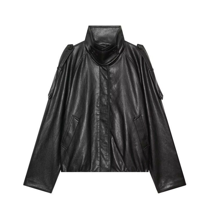 Damen Oversized Cropped Lederoptik‑Jacke mit hohem Stehkragen und Epauletten Echo Archiv