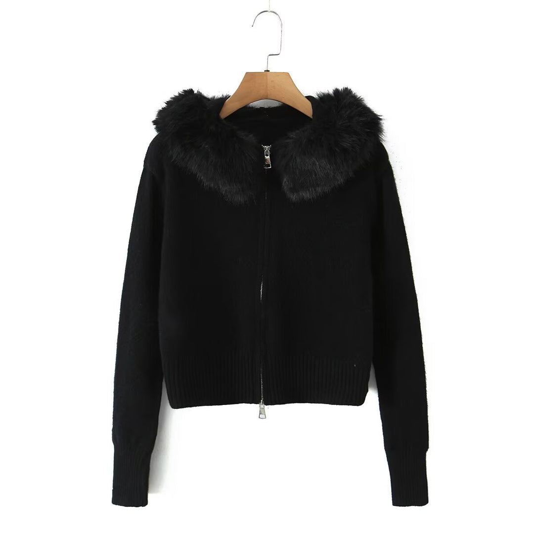 Damen Kurze Strickjacke mit Reißverschluss und abnehmbarem Kunstfellkragen Echo Archiv