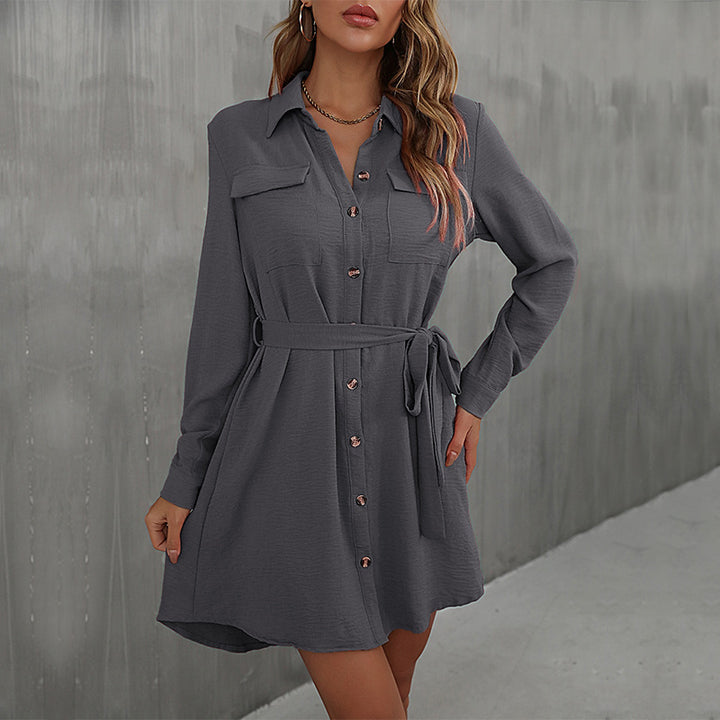 Damen Lockeres Hemdblusen-Minikleid mit Taillengürtel und aufgesetzten Brusttaschen Echoarchiv