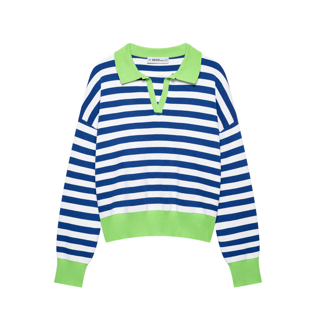 Damen Gestreifter Cropped‑Polo‑Pullover aus Feinstrick mit Ballonärmeln Echoarchiv