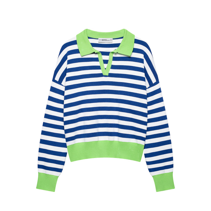 Damen Gestreifter Cropped‑Polo‑Pullover aus Feinstrick mit Ballonärmeln Echoarchiv