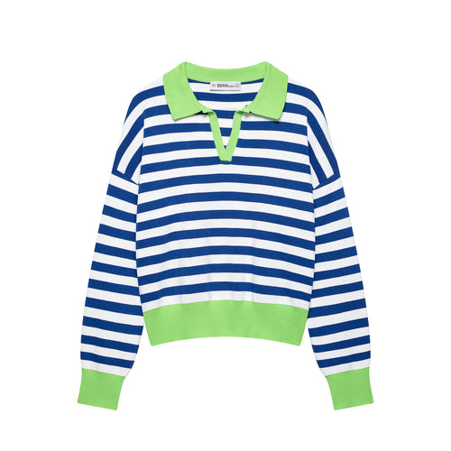 Damen Gestreifter Cropped‑Polo‑Pullover aus Feinstrick mit Ballonärmeln Echoarchiv