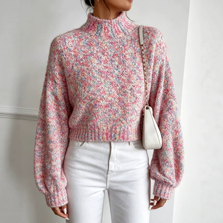 Damen Kurzgeschnittener Oversize-Pullover mit Stehkragen, mehrfarbigem Bouclé-Muster und Ballonärmeln – Mavelle