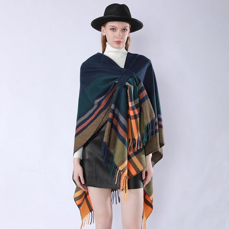 Damen Oversize‑Poncho‑Überwurf mit Tunnelzug, Karomuster und Fransensaum Echo Archiv