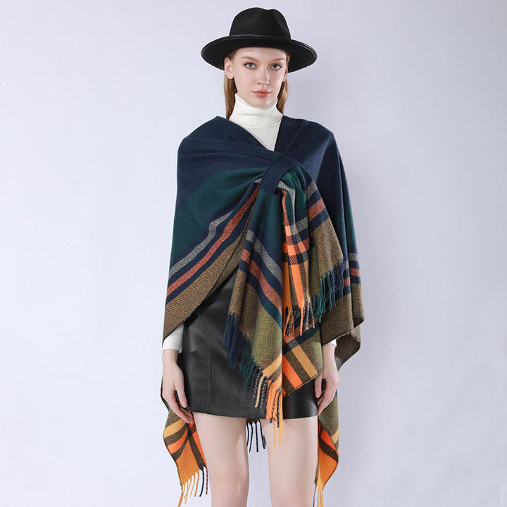 Damen Oversize‑Poncho‑Überwurf mit Tunnelzug, Karomuster und Fransensaum Echo Archiv
