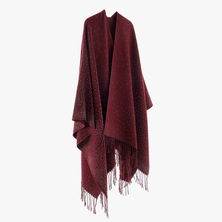 Damen Strickponcho mit Fransen und dezentem Schimmerbesatz – Avérine