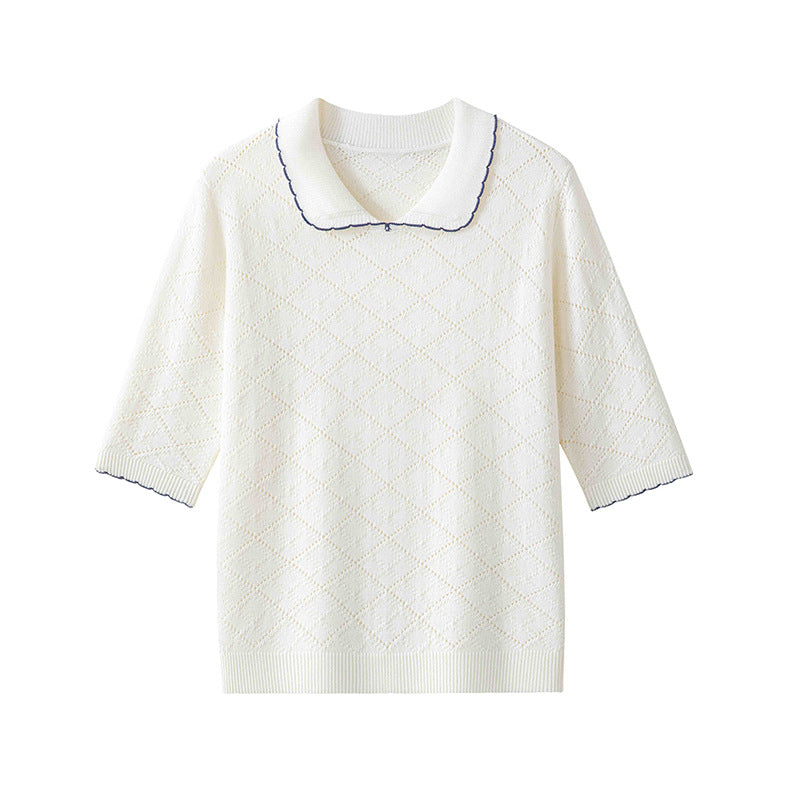 Damen Kurzarm-Feinstrickpullover mit Peter-Pan-Kragen, Ajour-Diamantmuster und feiner Kontrastkante Echo Archiv