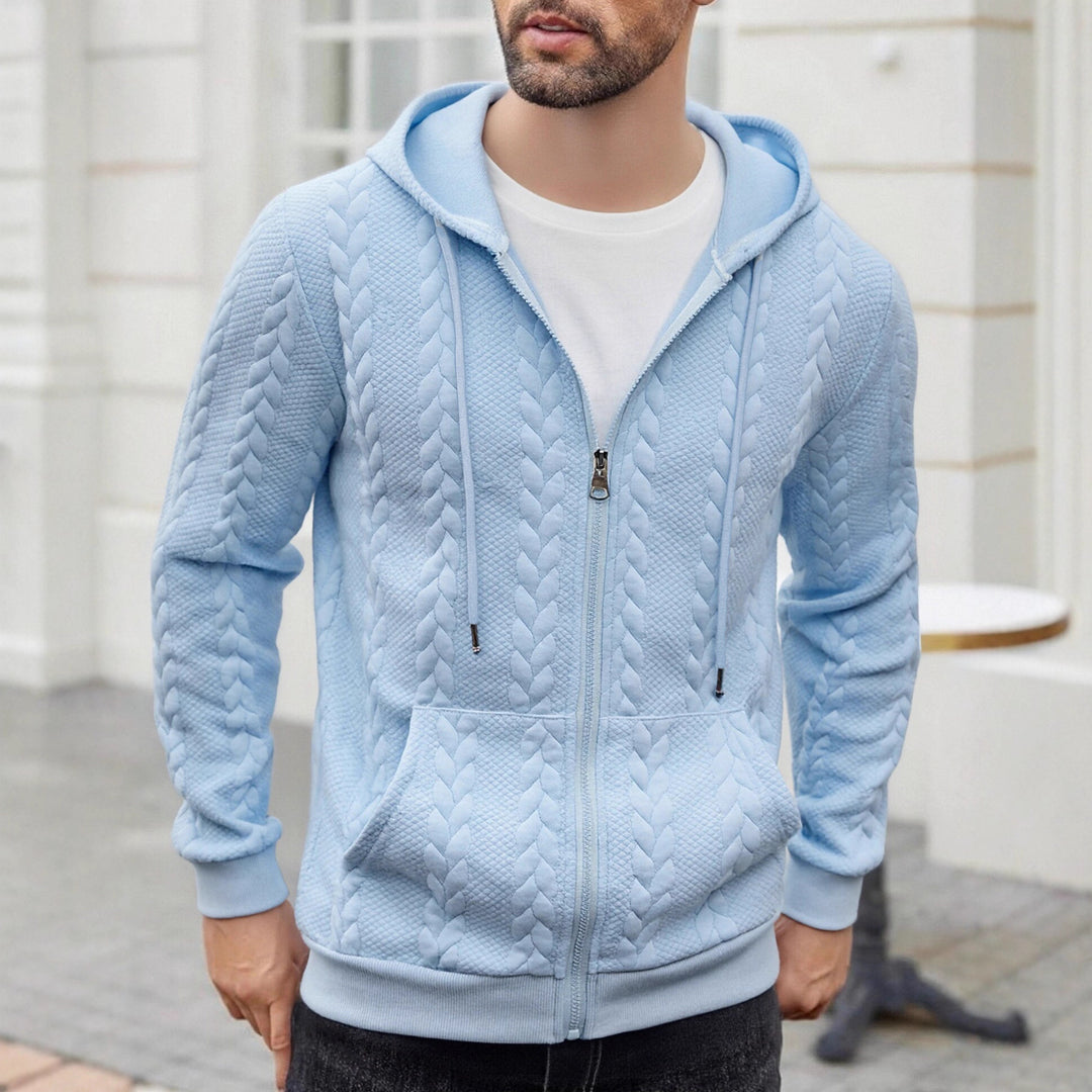 Herren strukturierte Kapuzen-Sweatjacke mit Zopfmuster, durchgehendem Reißverschluss und Kängurutasche – Cavarno