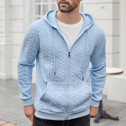 Herren strukturierte Kapuzen-Sweatjacke mit Zopfmuster, durchgehendem Reißverschluss und Kängurutasche – Cavarno