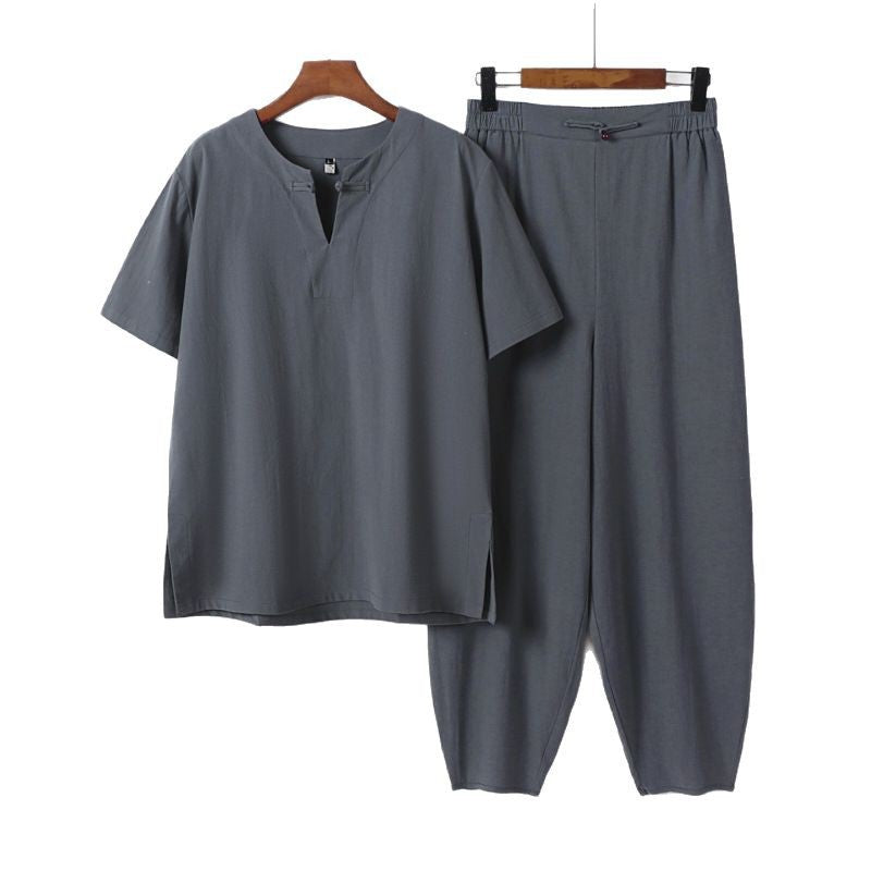 Herren Zweiteiliges Set mit Kurzarm-Stehkragenhemd und elastischer Haremshose Echoarchiv