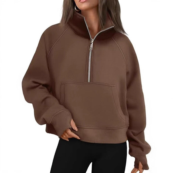 Damen oversized Halbzip Pullover mit Kängurutasche, Daumenlöchern und hohem Kragen – Auréline