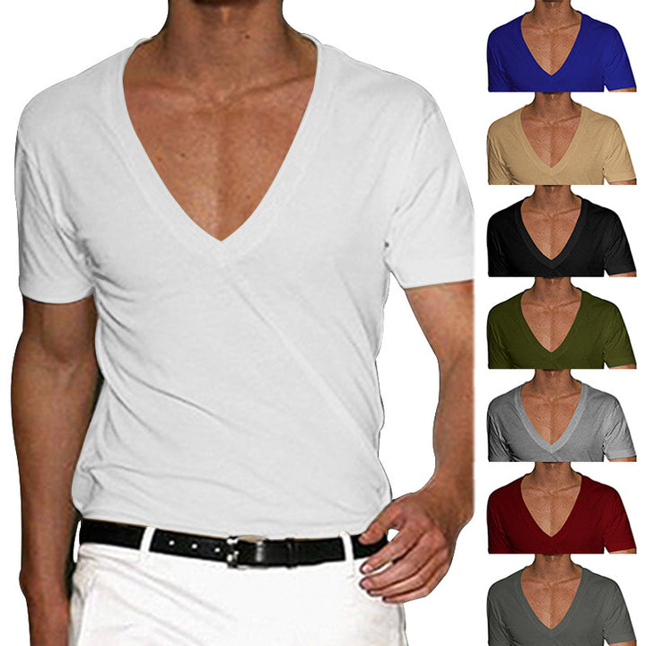 Herren nan tief ausgeschnittenes V-Ausschnitt Kurzarmshirt aus Baumwollstretch mit tailliertem Schnitt Echo Archiv