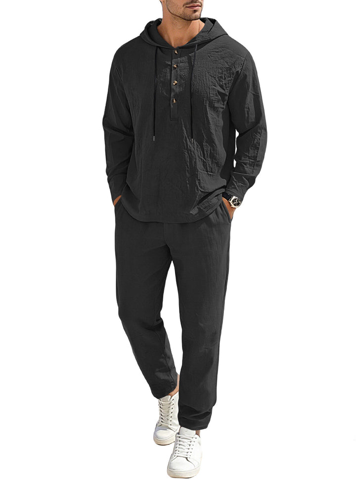 Herren nan entspannter Kapuzen-Henley Freizeitanzug aus leichter Baumwollmischung in Leinenoptik mit Kordelzug und elastischer Bundhose Echo Archiv