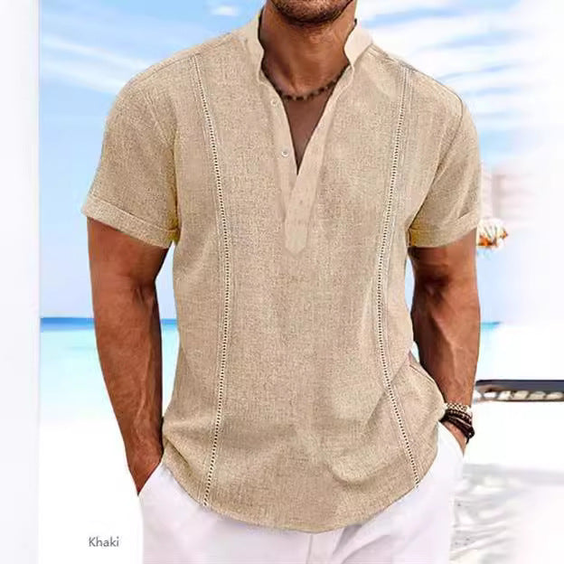 Herren Elegantes Kurzarmhemd mit modernem Stehkragen und feiner Knopfdetails Echoarchiv