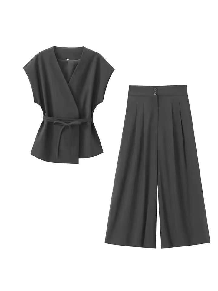 Damen elegantes Wickeloberteil und weite Palazzo-Hose Set Echo Archiv