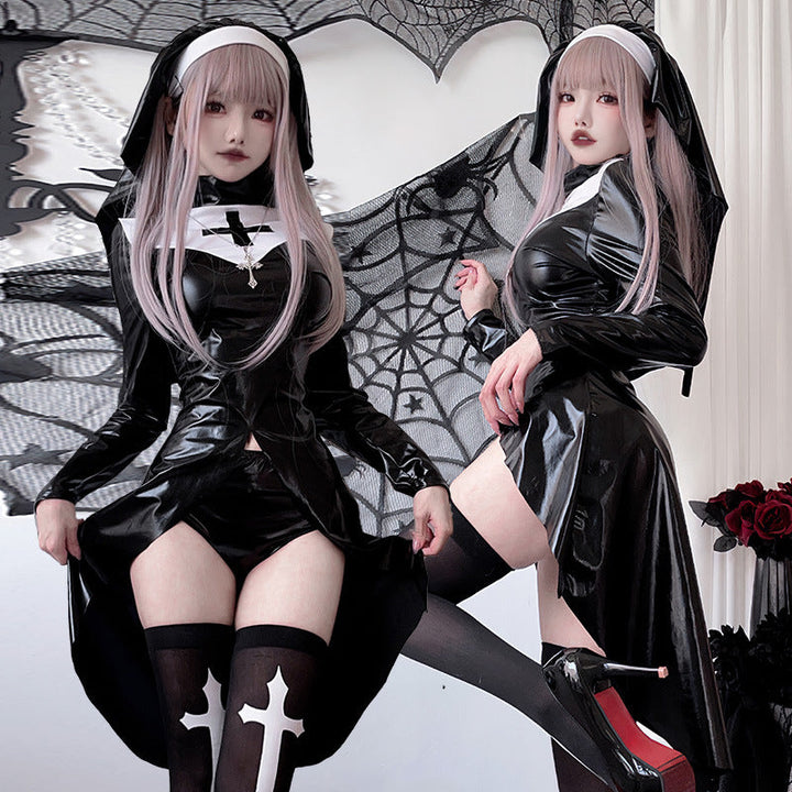 Damen Gothic Nonnenkostüm mit ausdrucksstarkem Design und transparentem Überrock Echo Archiv