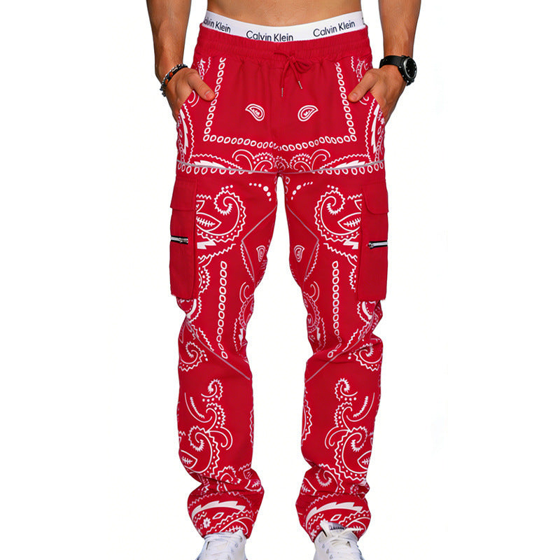Herren Cargo-Hose mit Bandana-Print, elastischem Bund und Zipper-Taschen – Bravaro