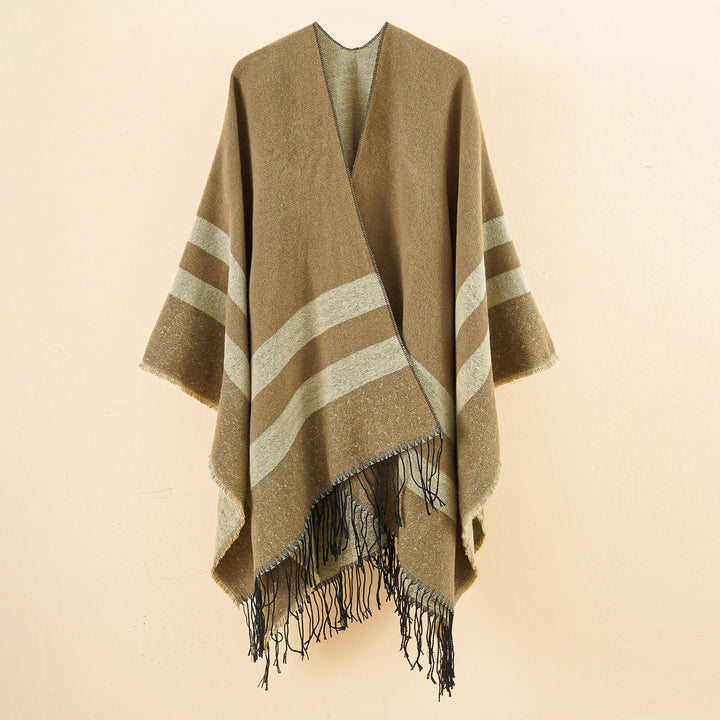 Damen Oversize-Ruana aus Wollmix mit kontrastierten Querstreifen und Fransensaum Echo Archiv