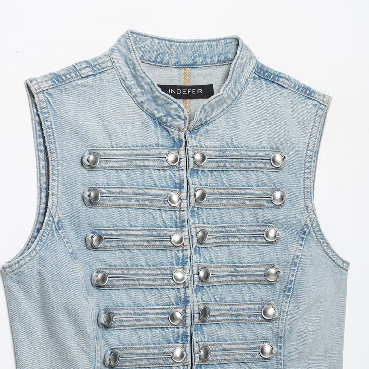 Damen Jeansweste im Military-Look mit Stehkragen und dekorativer Druckknopfleiste Echoarchiv
