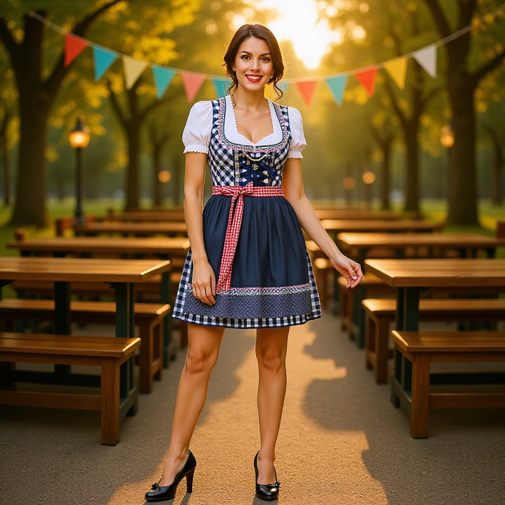 Damen  kurzes traditionelles Trachten Dirndl mit Herzausschnitt Schnürkorsett und karierter Schürze Echo Archiv
