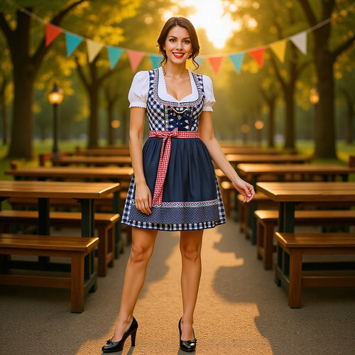 Damen  kurzes traditionelles Trachten Dirndl mit Herzausschnitt Schnürkorsett und karierter Schürze Echo Archiv