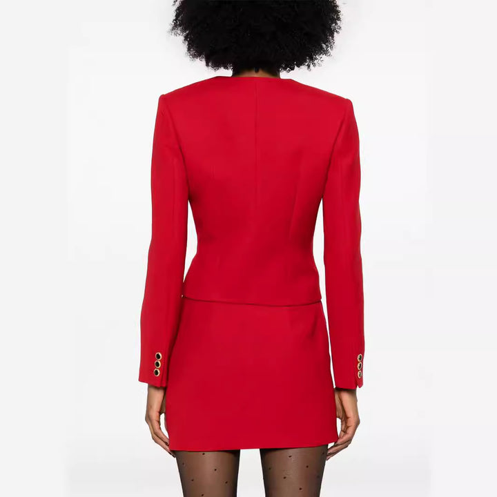 Damen Zweiteiliger Blazer-Top mit V‑Ausschnitt und Wickel-Minirock im Tailoring-Look Echoarchiv