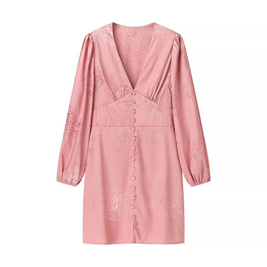 Damen Jacquard-Minikleid mit tiefem V-Ausschnitt, dekorativer Zierknopfleiste und voluminösen Ballonärmeln – Élara