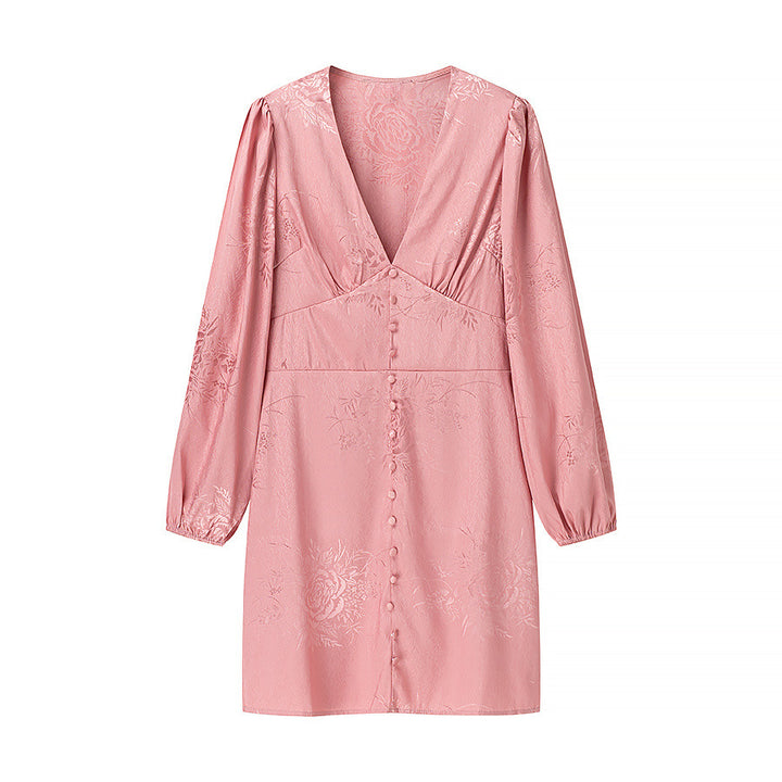 Damen Jacquard-Minikleid mit tiefem V-Ausschnitt, dekorativer Zierknopfleiste und voluminösen Ballonärmeln – Élara