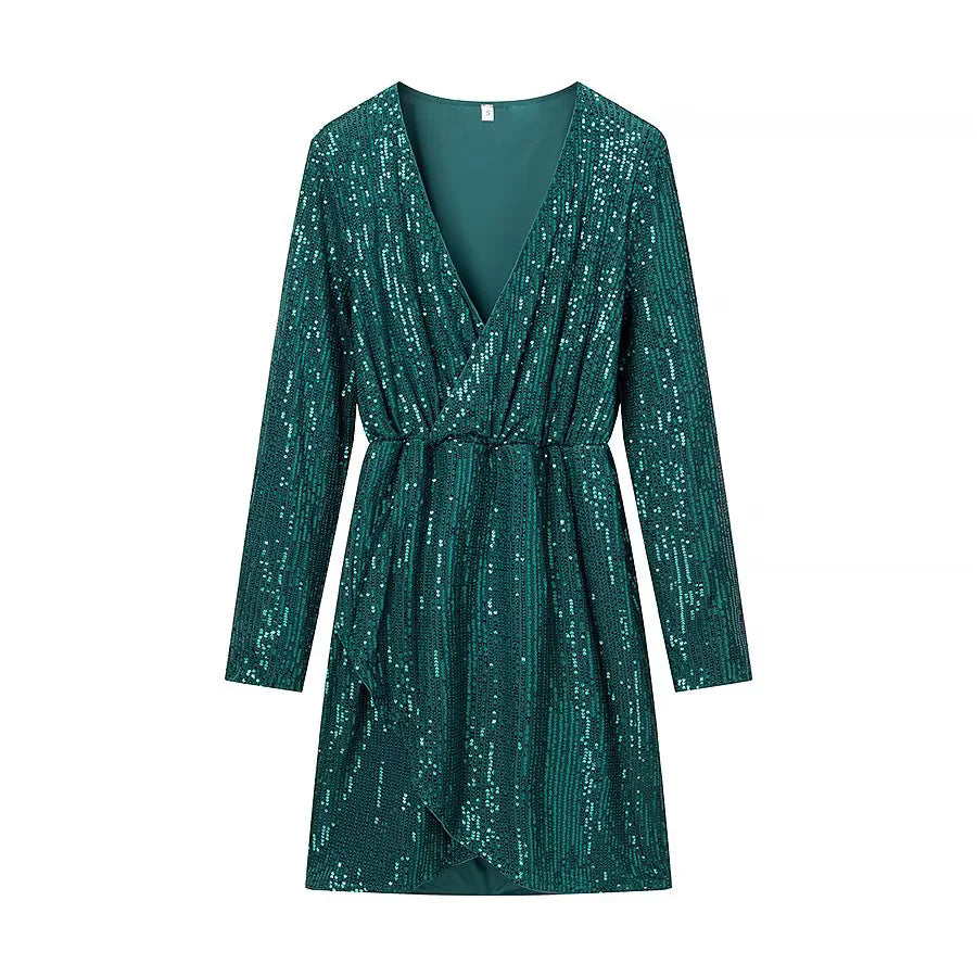 Damen Wickel-Minikleid mit Paillettenbesatz, tiefem V‑Ausschnitt und taillierendem Bindegürtel – Élara