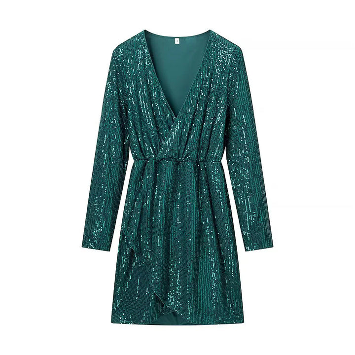 Damen Wickel-Minikleid mit Paillettenbesatz, tiefem V‑Ausschnitt und taillierendem Bindegürtel – Élara