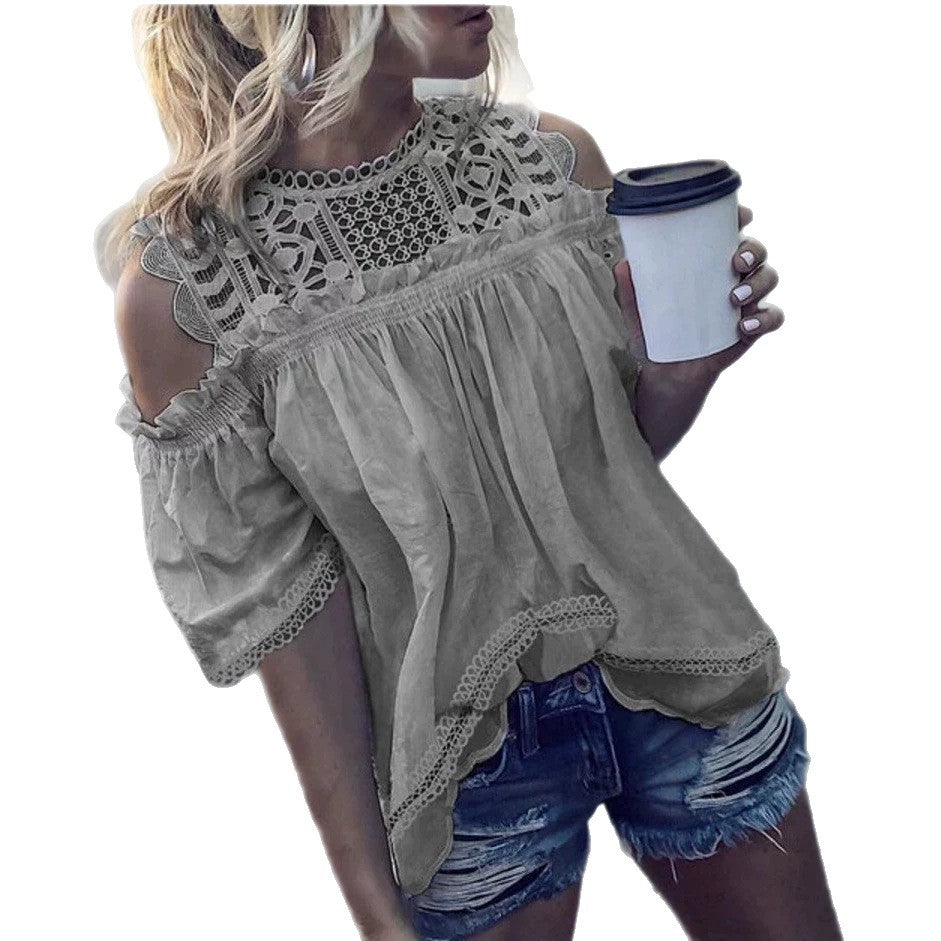 Damen nan luftige Cold-Shoulder-Bluse mit gehäkeltem Stehkragen, geraffter Brustpartie und gewelltem Saum Echo Archiv