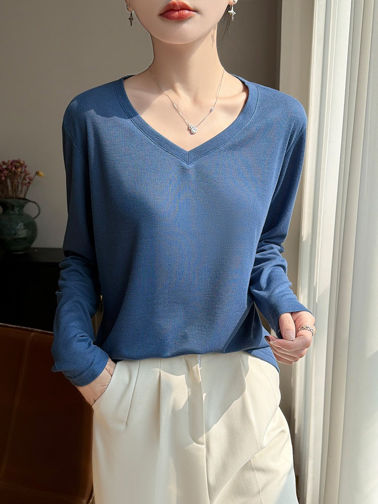 Damen Leichtes V-Ausschnitt-Feinstrick-Longsleeve Echoarchiv