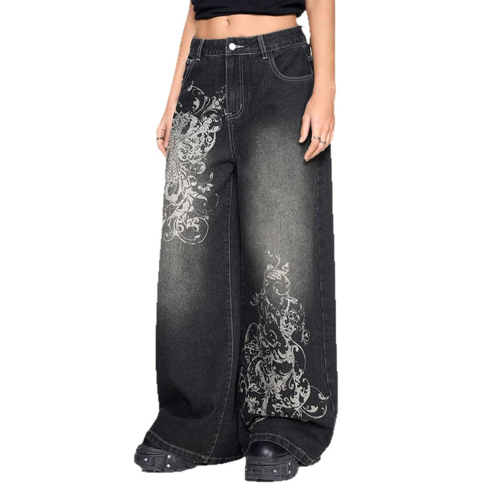 Damen Weite Denim-Hose mit auffälligem grafischem Druck Echo Archiv