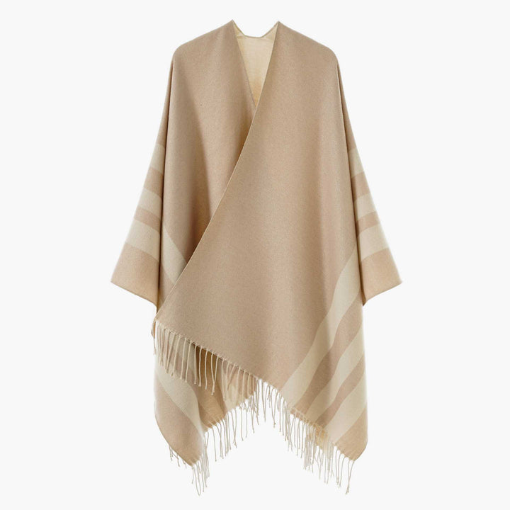 Damen Wendbarer Strickcape-Poncho mit Fransen und kontrastierenden Streifen – Avérine