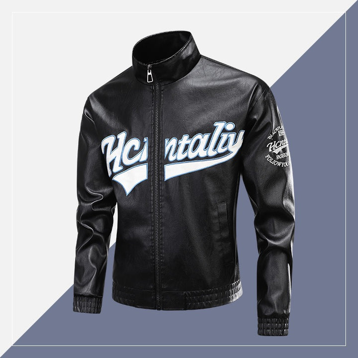 Herren Lederimitat-Bomberjacke mit Stehkragen, Logostickerei & Frontzip Echoarchiv