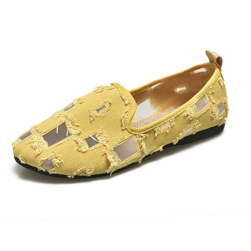 Damen nan lässiger Slipper mit Netz-Einsätzen und ausgefransten Jeansdetails Echo Archiv