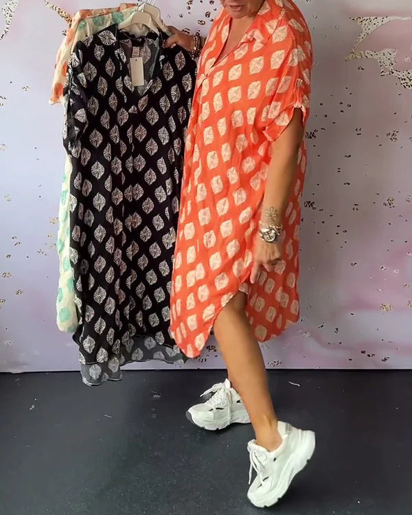 Damen nan legeres Kaftan-Midikleid mit Hemdkragen V-Ausschnitt kurzem Fledermausärmel und seitlichen Eingrifftaschen Echo Archiv