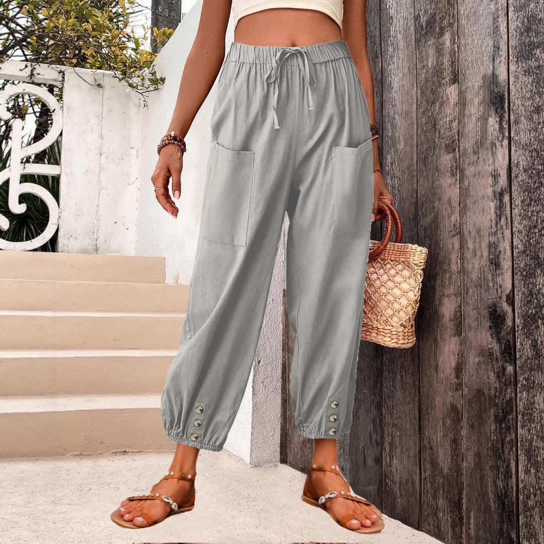 Damen Leinenlook Loungehosen mit hohem elastischem Taillenbund, Kordelzug, aufgesetzten Taschen und geknöpftem Saum – Avélisse