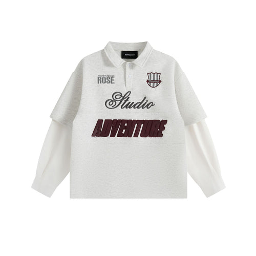 Damen Lagenlook-Sweatshirt mit Polokragen und aufgesetzten Stick-Patches Echoarchiv
